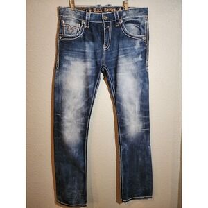 Rock Revival Flann Mens Denim Jeans 34x33 Straight Distressed Dark Wash